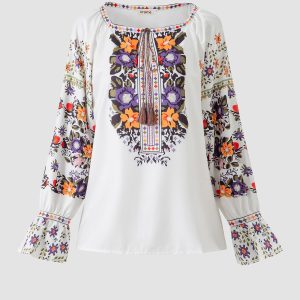 Crew Neck Floral Print Tassel Detail Blouse