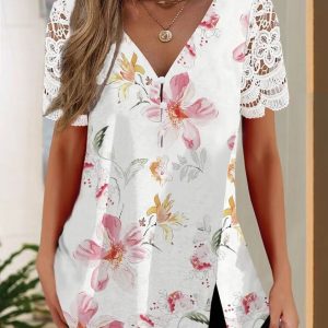 Women Short Sleeve V-neck Floral Printed Buttons Lace Top