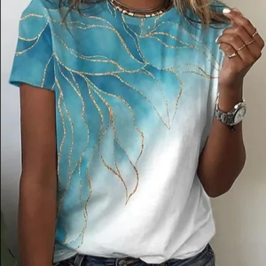 Crew Neck Ombre Color Block Leaves Floral Casual Cotton-Blend T-Shirt/Tee