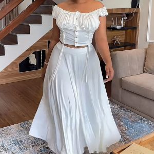White Off Shoulder Puff Sleeve Button Up Ruched Crop Top Flowy Maxi Skirt Matching Set [Pre Order]