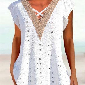 Women Sleeveless V-neck Solid Lace Stitching Lace-up Top