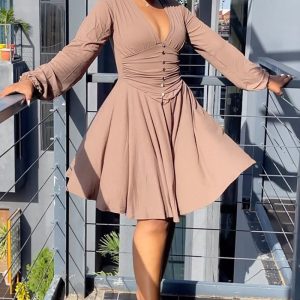 Deep V Neck Lantern Sleeve Ruched Button Up A-Line Pleated Mini Dresses [Pre Order]