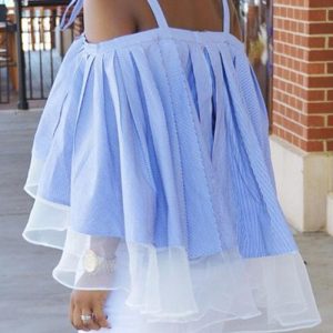 Pleated Striped Mesh Panel Off-shoulder Shirt