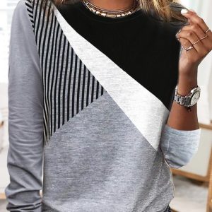 Striped Casual Autumn Daily Loose 1 * Top Long sleeve Crew Neck Regular T-shirt for Women
