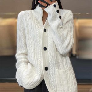 White Button Front Pocket Sweater Cardigan
