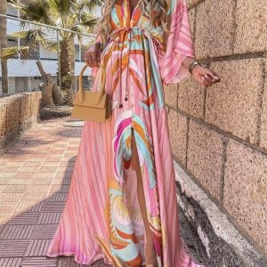 Printed button bat sleeve dress