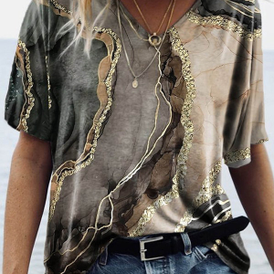 Golden Gray Marbled Ocean Wave Button Front Tunic Top