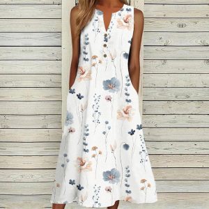 White Floral Print Sleeveless Maxi Dress with Side Pockets