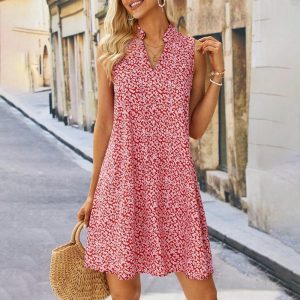 Red Sleeveless Print Mini Dress