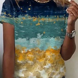 Round Neck Print Gradient Loose Short-sleeved T-shirt
