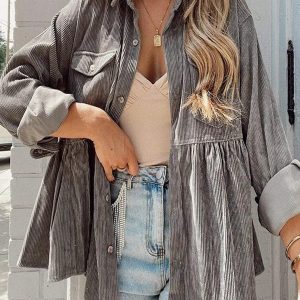 Solid Long Sleeve Corduroy Babydoll Blouse