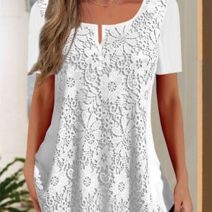 Women Short Sleeve U-neck Lace Floral Printed Tops