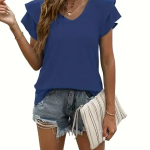 Solid Casual Loose Ruffle Sleeve T-shirt Top