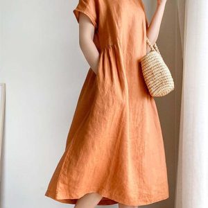 Women’s Simple Literary Loose Solid Color Shift Dress