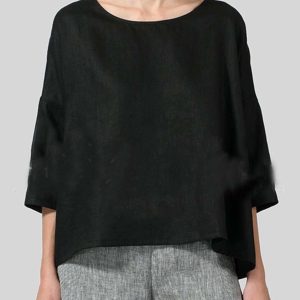 Cotton and Linen Button Cuff Short Sleeve Top