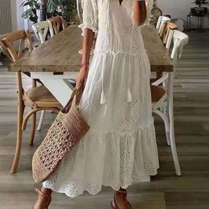 Women’s Printed Hollow Frill Trim Midi Dress