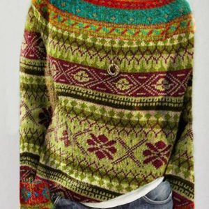 Boat Neck Retro Geo & Colorblock Knit Sweater