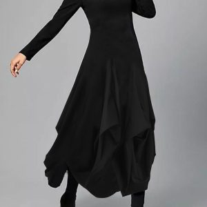 UR Plain Turtleneck Long Sleeve Asymmetrical Midi Dress