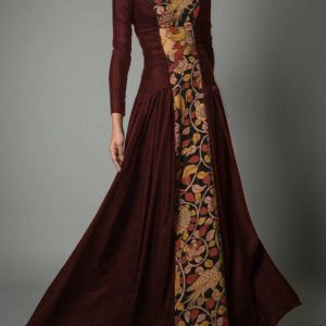 Elegant Crew Neck Long Sleeve Color Block Stitching Gown