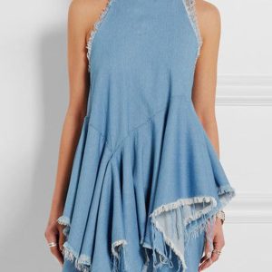 UR Fashion Plain Jagged Hem Denim Halter Top