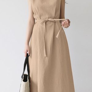 Casual Plain Round Neck Sleeveless Knot Waist Midi Dress