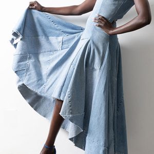 Fashion Plain Sleeveless Patchwork Asymmetrical Hem Denim Maxi Dress