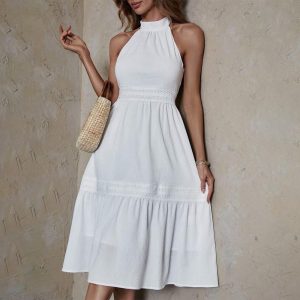 White Plain Halter Sleeveless Midi Dress