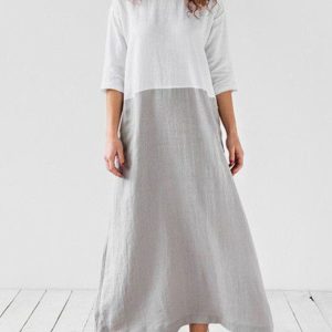 Casual Color Block 3/4 Sleeve Loose A Line Midi Dress