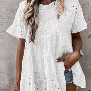 Casual Plain Hollow Crew Neck Short Sleeve Loose Shirt