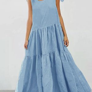 Casual Plain Scoop Neck Tie Shoulder Loose Big Swing Maxi Tiered Dress