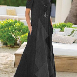 Casual Color Block Scoop Neck Short Sleeve Cutout A Line Maxi Dress