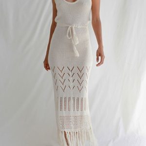 Vacation Sexy Plain Scoop Neck Sleeveless Lace Up Hollow Tassel Bikini Cover Up