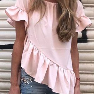 Cute Solid Color Flounce Sleeve Diagonal Hem Ruffle Shirt