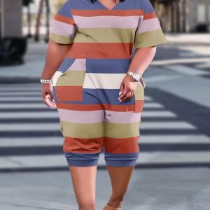 Plus Size Striped Colorblock Pocket Design Short Sleeve Jumpsuit