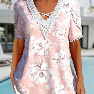 Women Short Sleeve V-neck Floral Printed Lace Tops
