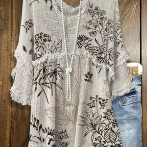 Casual Cotton Linen Fringe Floral Print Top