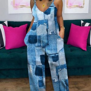 Plus Size Denim Look Print Spaghetti Strap Jumpsuit