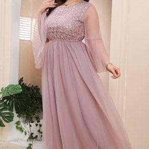 Plus Size Party Pink Chiffon Mesh Disty Floral Embroidery Tunic Maxi Dress