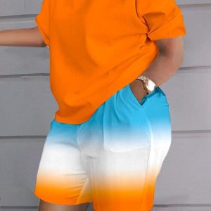 Plus Size Ombre Casual Top & Pocket Design Shorts Set