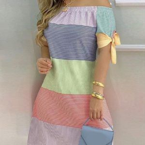 Plus Size Colorblock Striped Print Off Shoulder Casual Dress