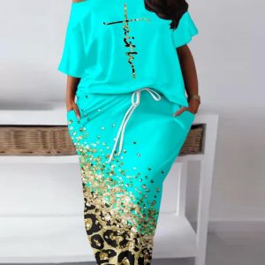 Plus Size Faith Letter Pattern Top & Contrast Leopard Print Skirt Set