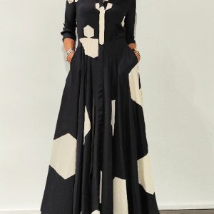 Long Sleeve Lapel Geometric Print Dress