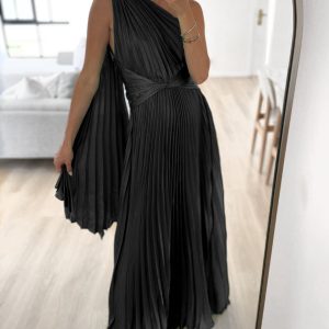 One-shoulder pleated satin dress