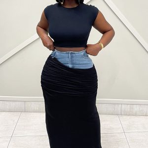 Round Neck Crop Top Denim Patchwork Ruched Maxi Skirt Matching Set [Pre Order]