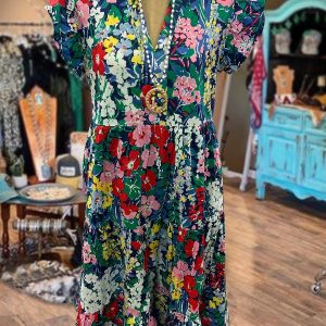 Floral Print Ruffle V-Neck Midi Dress