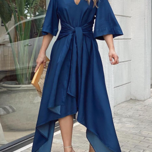 Loose Plain Urban V neck Short sleeve Denim Maxi Dress