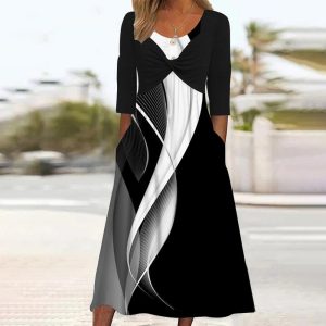 Black And White Round Neck Midi Dress