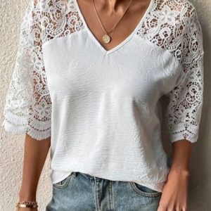 Women’s Casual Half Sleeve V-neck Lace Hollow T-shirt