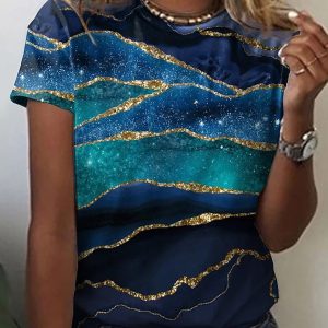 Women’s Abstract Painting Round Neck Basic T-shirt