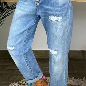 Casual Button Detailed Cut Out Distressed Jeans